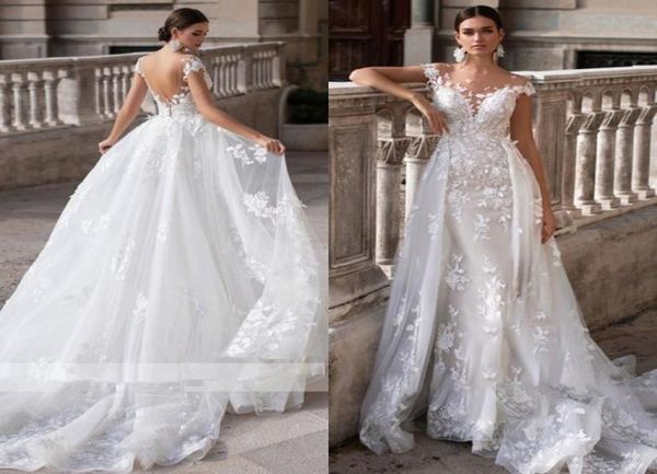 

two pieces wedding dress detachable train appliques lace mermaid sweetheart vestido de novia princess bridal gown plus size1892986, White