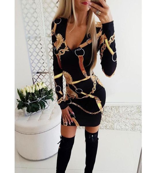 

deep vneck palace print bodycon dress women long sleeve elegant party dress office lady casual work mini dress7373437, Black;pink