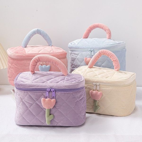 

cosmetic bags cases 1 set solid color flower makeup bag zipper large soft corduroy female travel make up beauty case 230823