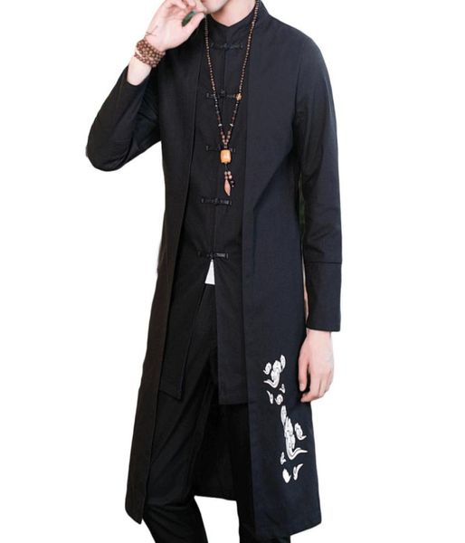 

4008 straight cotton linen trench coat men plus size mandarin collar embroidery vintage chinese style clothing false two piece2885783, Tan;black