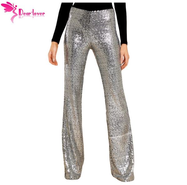 

dear lover sequin trousers women sparkle metallic maxi ladies silver high waist long wide leg pantsclub wear stage dance lc77143 y4022289, Black;white