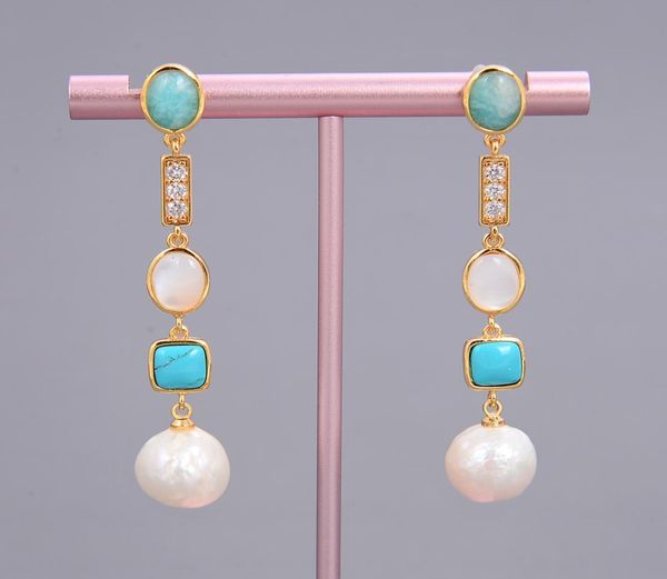 

guaiguai jewelry white keshi pearl shell blue turquoise amazonite drop stud earrings handmade for women real gems stone lady fashi1944092, Silver