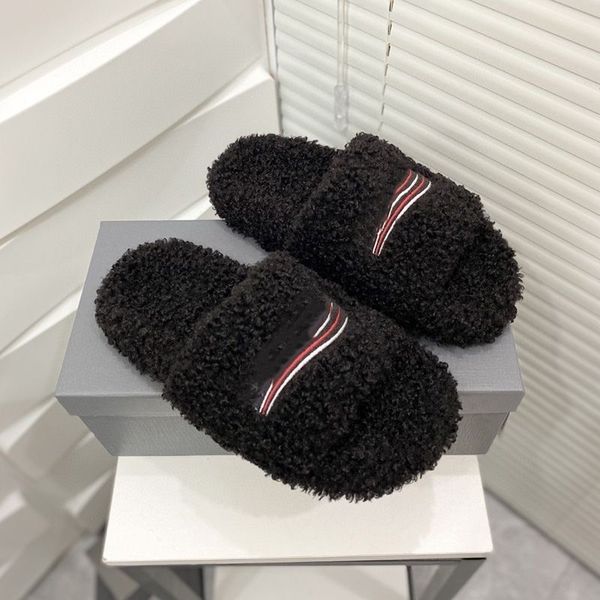 

luxury slides paris designer women's slippers women's wool winter fur fluffy furry warm alphabet sandals cozy plush girls flip flo, Black