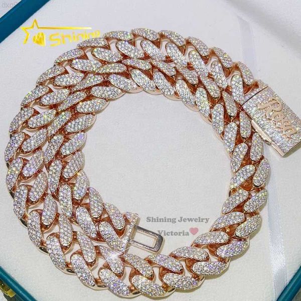 

drop shipping rose gold solid silver 3 rows hip hop iced out miami cuban link chain with vvs moissanite