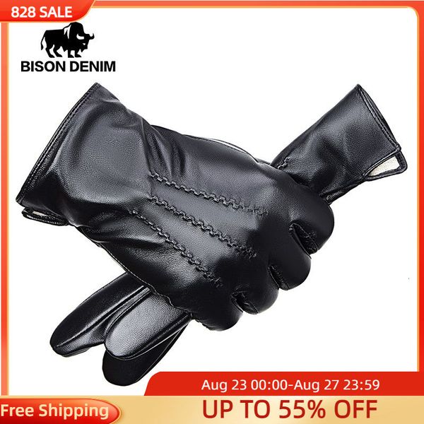 

five fingers gloves bison denim men genuine sheepskin leather gloves autumn winter warm touch screen full finger black gloves s168 230822, Blue;gray