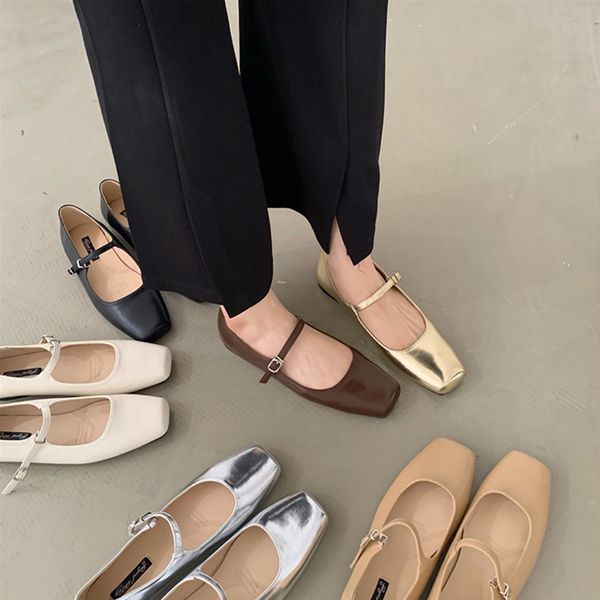 

dress shoes spring square toe ballet fashion low heel mary jane casaul silver shallow buckle soft sole 230823, Black