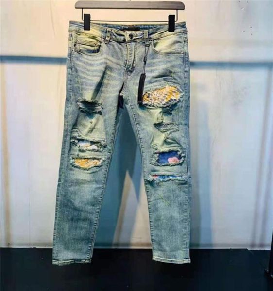 

designer luxurys mens jeans casual embroidery vintage patchwork pants classic applique fashion holes motorcycle biker slimleg was6415480, Blue