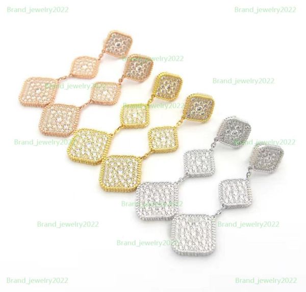 

brand luxury 3 flowers full diamond dangle fourleaf clover earring european classic fashion designer earrings crysta9139435, Silver