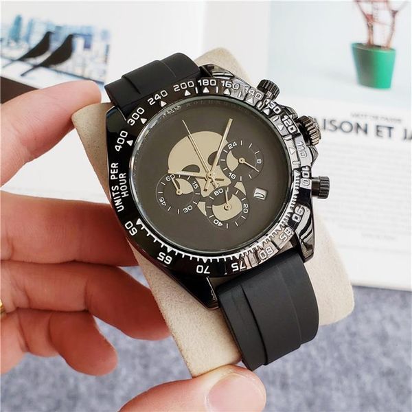 

popular watches men skull skeleton calendar style multifunction rubber band quartz wrist watch 3 small dials can work x90235h, Slivery;brown