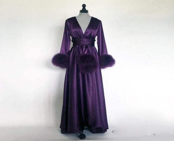

purple feather night robe long sleeves custom made fur satin party sleepwear nightgowns robes with belt7856771, Black
