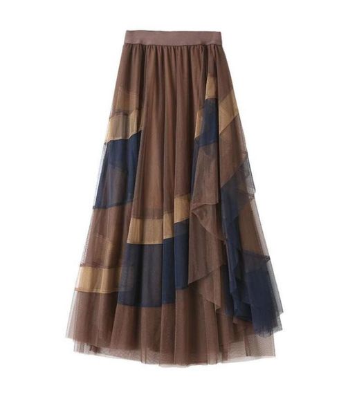

skirts 2021 summer women fashion irregular aline elastic high waist mesh skirt ladies anklelength personality patchwork z967442145, Black