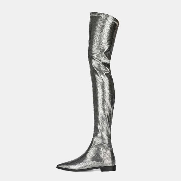 

wind autumn new flat bottom silver pointed knee long boots elastic large lacquer leather women's size 42 230822, Black