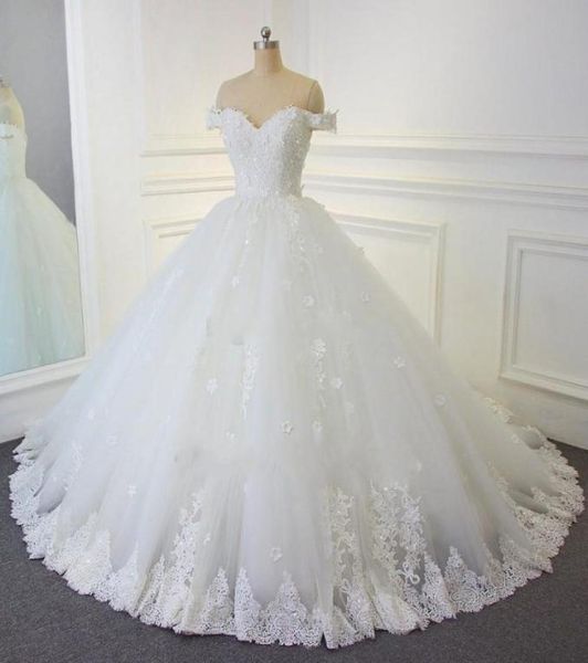 

lace ball gown wedding dresses vintage arabic offtheshoulder beads handmade flowers wedding bridal gowns real picture1416565, White