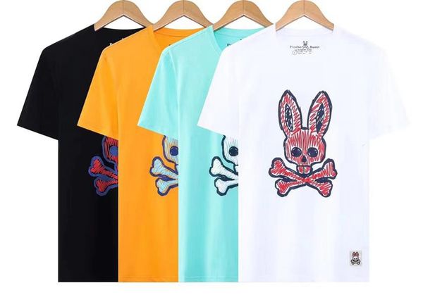 

psycho bunny men's short t-shirt colorful skull rabbit hoodlum rabbit round neck european and american street fashion couple t-shirt, White;black
