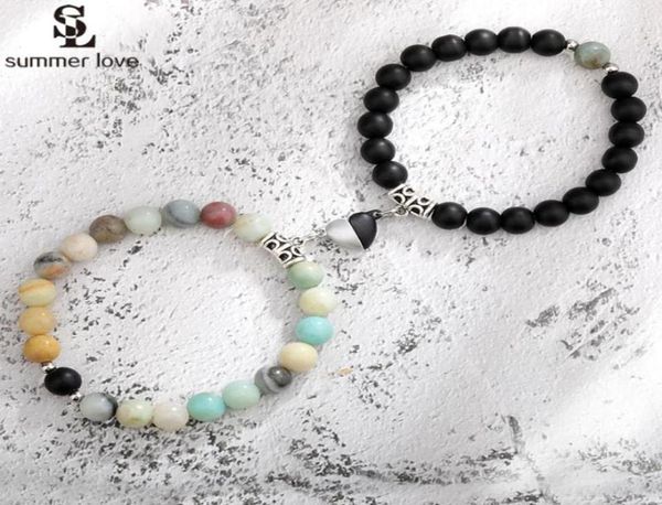 

beaded strands 2pcs natural stone beads bracelet set for women men attractive distance heart magnetic bracelets friendship couple3574075, Black