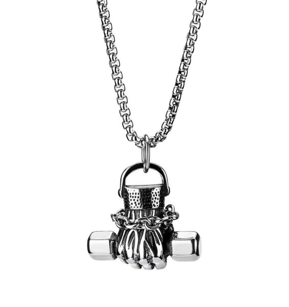 

fashion design men stainless steel holding dumbbell pendant necklace hip hop jewelry 70cm long link chain punk designer necklaces 6645697, Silver