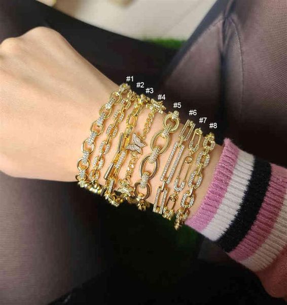 

bc1283 fashion 18k gold plated zircon cz micro pave curb cuban paperclip safety pin link chain adjustable bracelets for women291z4238793, Golden;silver