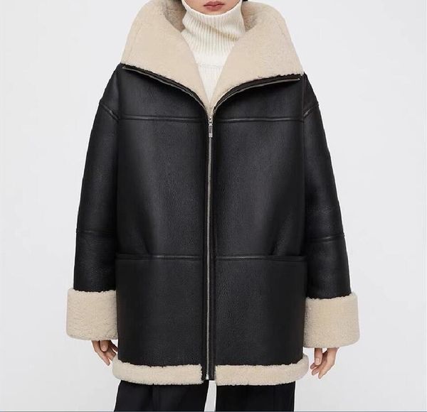 

shape friendly leather autumn and winter silhouette tote grass lapel zipper wool fur integrated coat fur coat motorcycle jacket coat, Black