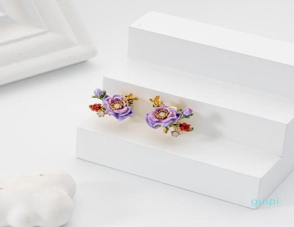 

stud jaeeyin 2021 delicate enamel rose flower gold color bee ladybirds colorful leaves earrings clip year gift girls1535957, Golden;silver