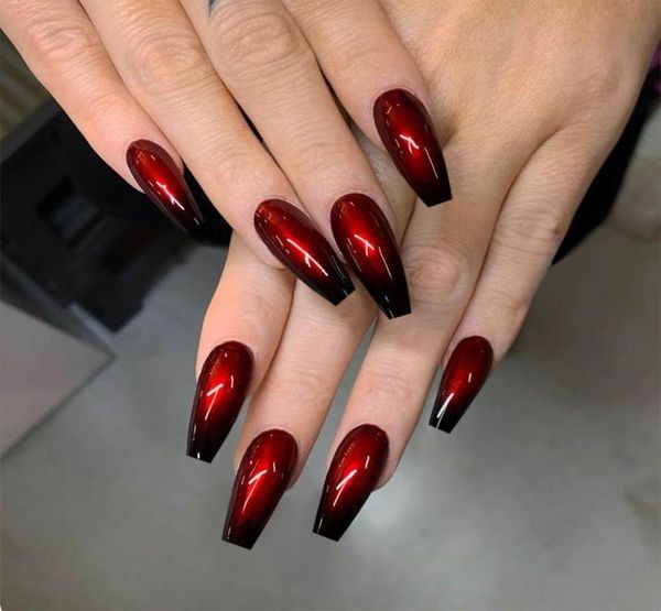 

gradient red ombre nails extra long press on nail glossy square coffin full cover acrylic false fingernail tips7069732, Red;gold