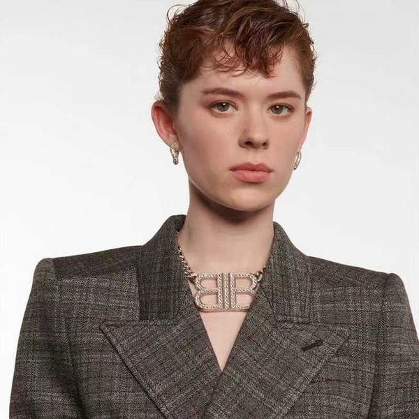 

fashion designer double b heavy industry advanced diamond inlaid cuban chain double letter pendant necklace personality celebrity wind colla, Silver