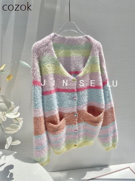 

womens sweaters autumn winter rainbow striped artificial mink fur sweater loose lazy style candy color chic knitted cardigan 230822, White;black