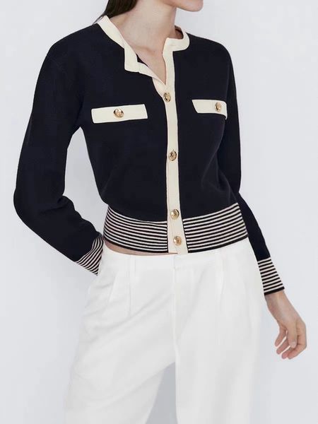 

womens sweaters women autumn fashion joker stitching striped crewneck knitted cardigan retro long sleeve button casual jacket mujer 230822, White;black