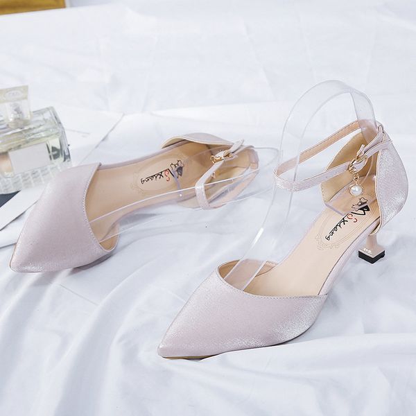 

dress shoes summer satin pointed toe high heels temperament shallow mouth buckle belt fashion women's stiletto 230823, Black