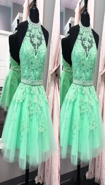 

short mint green homecoming dresses halter neck beading waist appliques lace short prom dress party gown vestido curto custom size8710654, Blue;pink