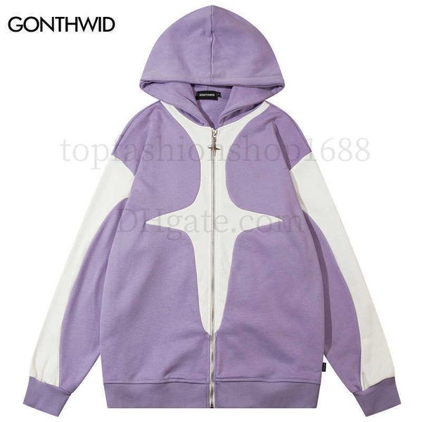 

men s hoodies sweatshirts hip hop hoodie coat y2k harajuku zipper patchwork oversized hooded sweatshirt streetwear men fashion cotton jacket, Black