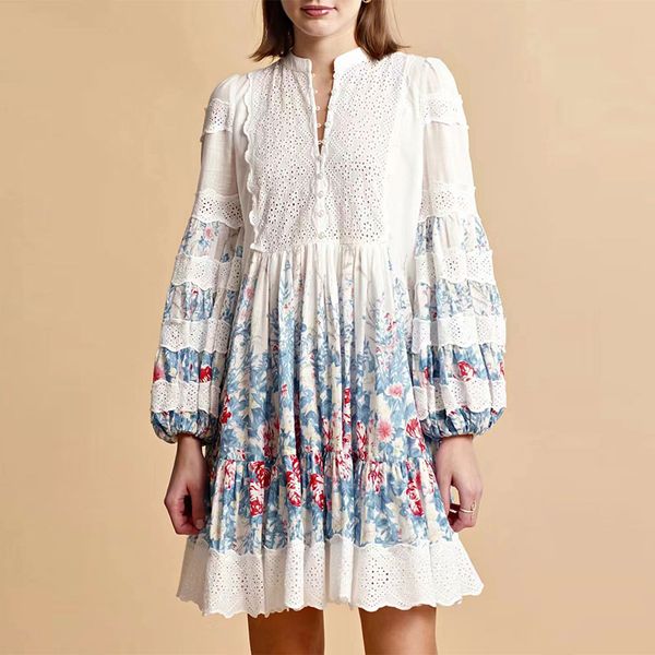 

2023 autumn dress hollow out embroidery printed lantern sleeves wrapped waist a-line swing dress new women's wear, Black;gray