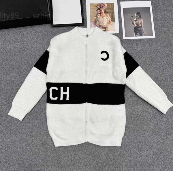 

designer cardigan women knit sweater jacket autumn black and white coat lettering stripe zip knitwear elegant comfort sweaters womens design, White;black