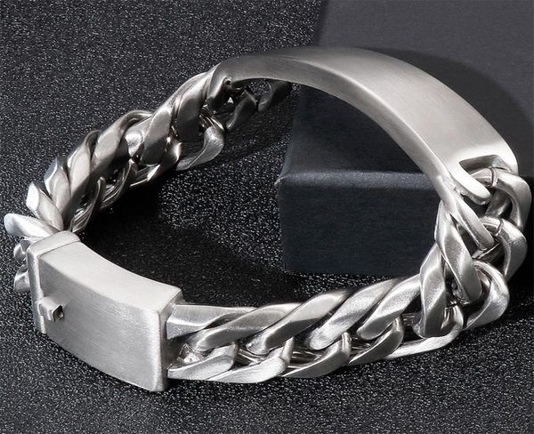 

bangle massive engravable id bracelet for men 18mm brushed matte stainless steel mens on hand chain bracelets jewellery mannen arm5842967, Black