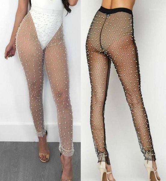

womens beadings stretch pencil pants summer ladies see through long pants trousers mesh sheer high waist pantyhose pantalon12852324, Black;white