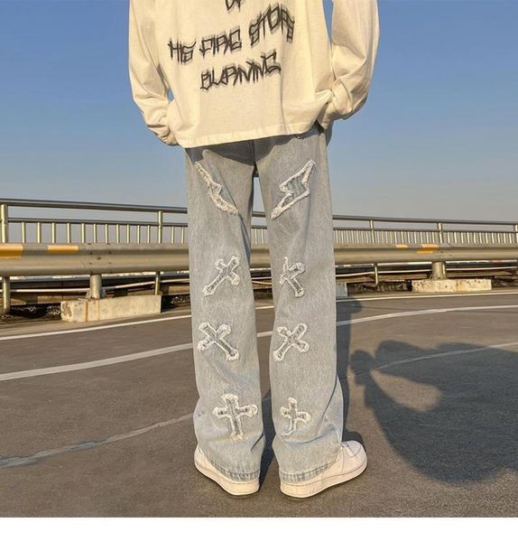 

men039s jeans men neutral hip hop 2022 wide leg denim trousers loose straight y2k asthetic pants for boy casual baggy fashionme1610562, Blue