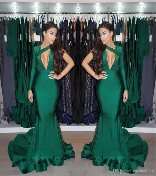 

dark green one shoulder mermaid prom dresses 2022 long sleeve ruched sweep train formal party evening gowns bc140362749087, Black