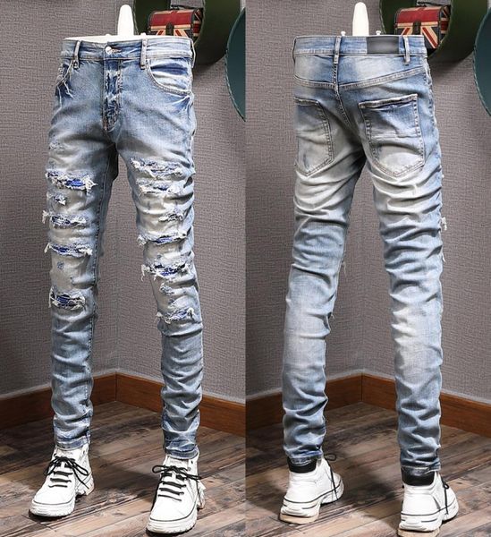 

color rip jeans man biker jeans slim fitness fade washed denim pants9103903, Blue
