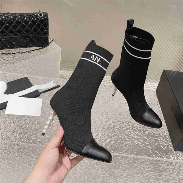 

luxury design boots 2023 channel fashionable women business work decoration anti slip knight boots martin boots casual sock boots 05-017, Black