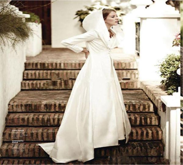 

long sleeve satin bridal jacket ivory wedding cloak hooded winter long wedding coats jacket 2019 custom made4645226, White