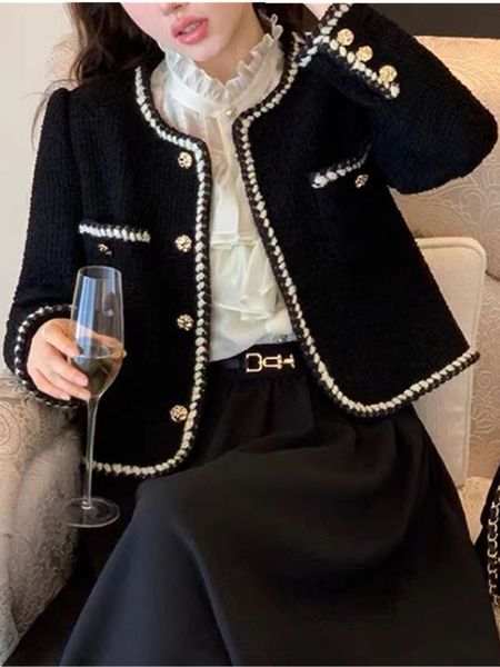 

womens jackets hma french style small fragrant woolen coat womens spring and autumn short vintage tweed 230822, Black;brown