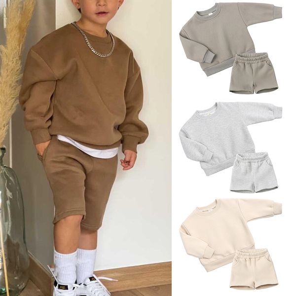 

clothing sets children kids fleece autumn outfits clothes solid cotton warm sportswear korean style for toddler boys girls suit 230822, White