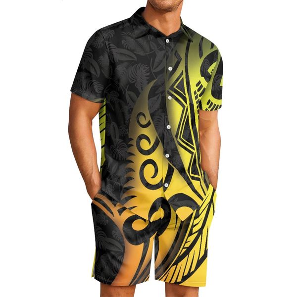

men's tracksuits polynesian tribal tongan totem tattoo tonga prints comfortable men sweat suit yellow lapel shirt beach shorts casual 2, Gray
