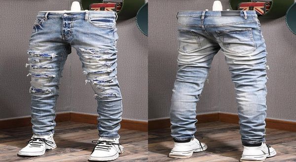 

color rip jeans man biker jeans slim fitness fade washed denim pants7028820, Blue