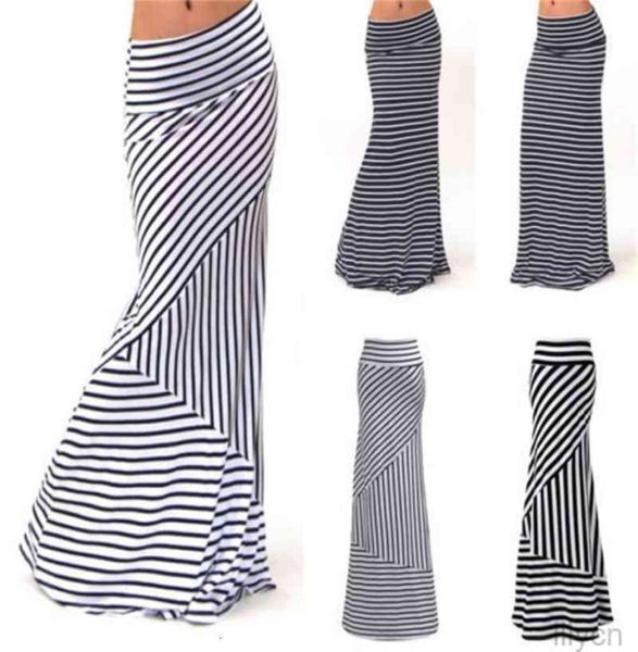 

women asymmetric high waist striped fold over stretch long maxi skirt plus size74563231657246, Black