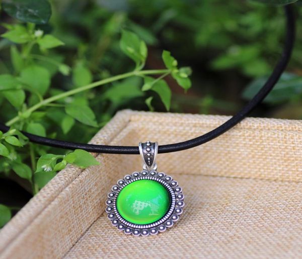 

handmade black leather chain mood round stone necklace emotion feeling antique silver plated pendant necklaces4493677