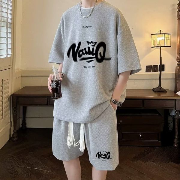 

men's tracksuits oversized outfit tshirt summer short sleeve two piece set breathable casual dress pants harajuku streetwear gym clothi, Gray