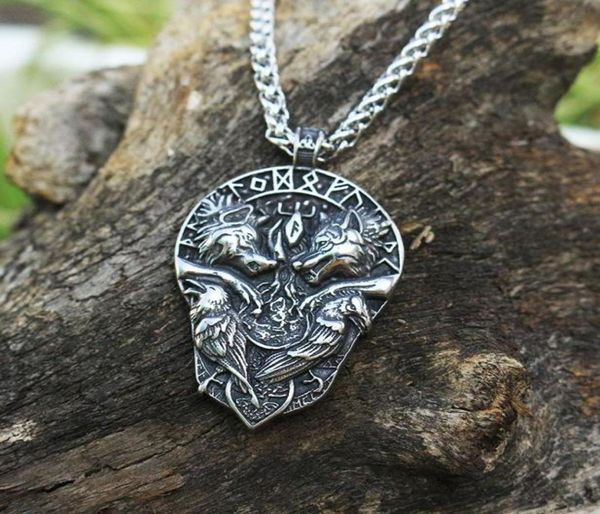 

1pcs stainless steel two raven sigil pendant two wolves tree of life and norse vegvisir jewelry viking men necklace1726059, Silver