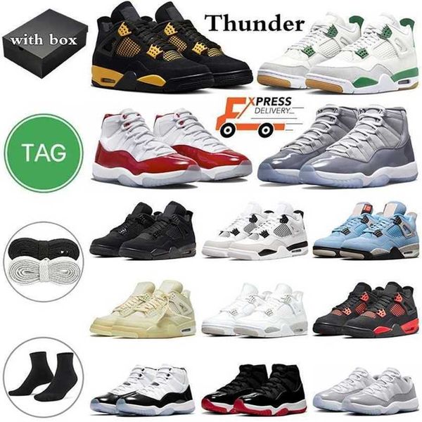 

box with 4 11 basketball shoes military black cat 4s cherry 11s pine green thunder sail university blue cement grey cap and gown mens traine