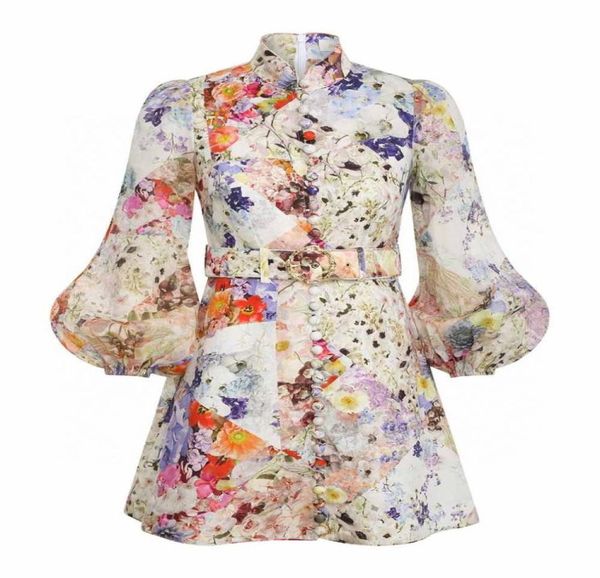 

2022lian designer printed holiday high collar belt dress012659658, Black;pink