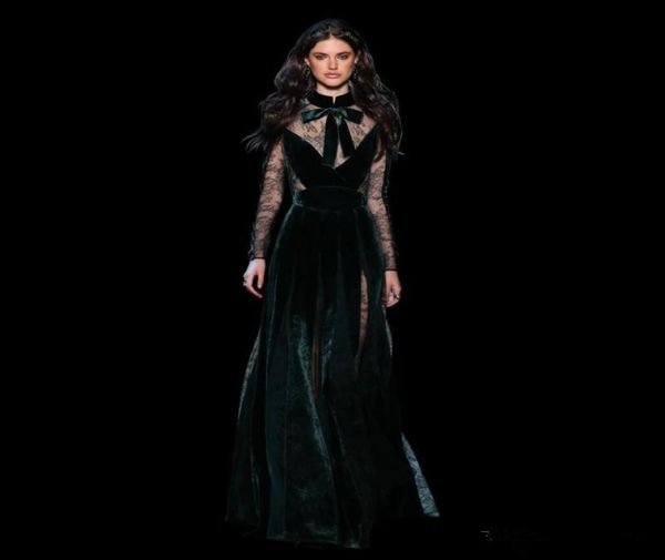 

2020 new elie saab dresses evening wear vintage plus size dark green vestidos festa with sleeves high neck fall lace prom dress lo5230726, Black;red